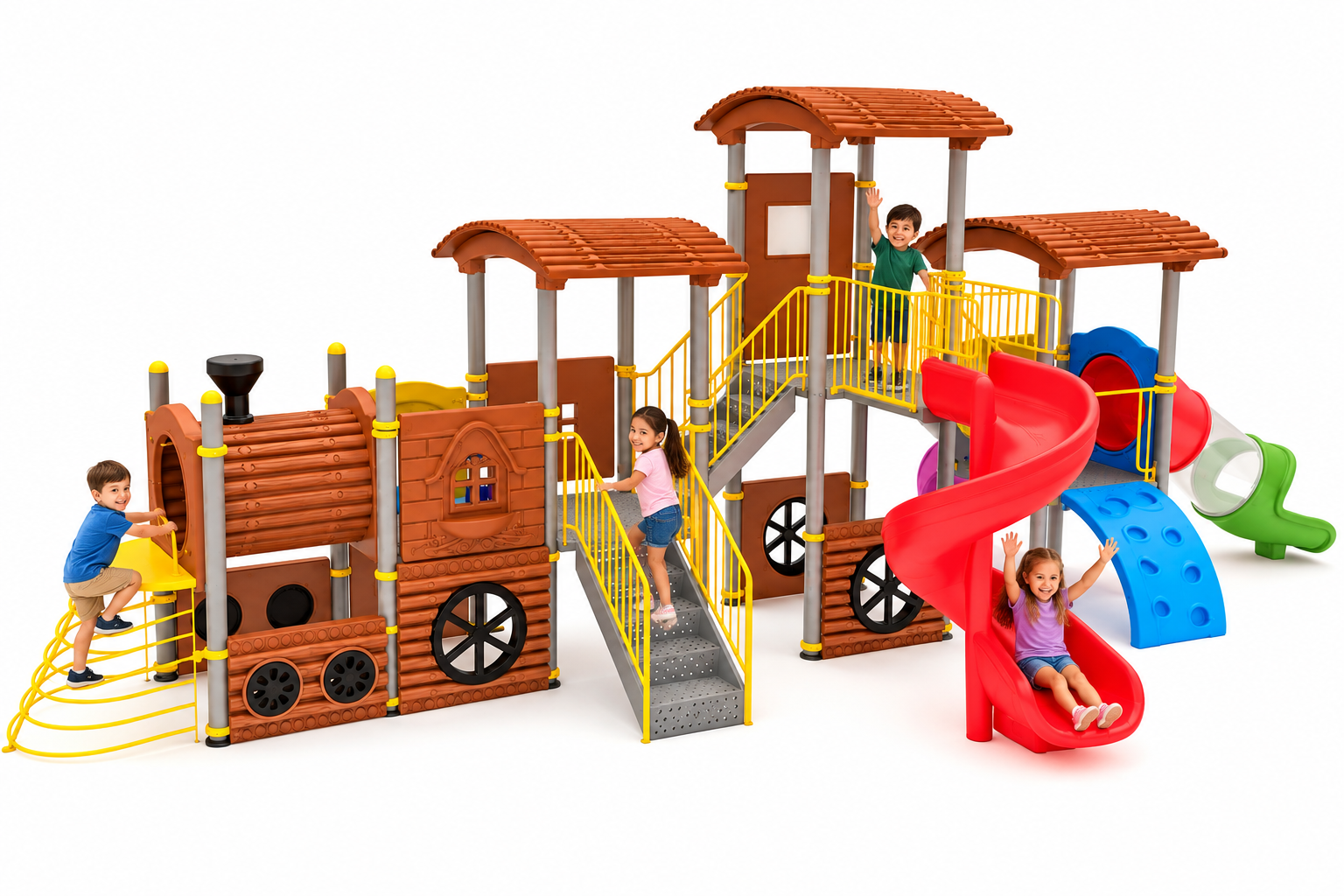 Tren Temalı Çocuk Oyun Parkı TRN-04 – 4 Kuleli 4 Kaydıraklı Model