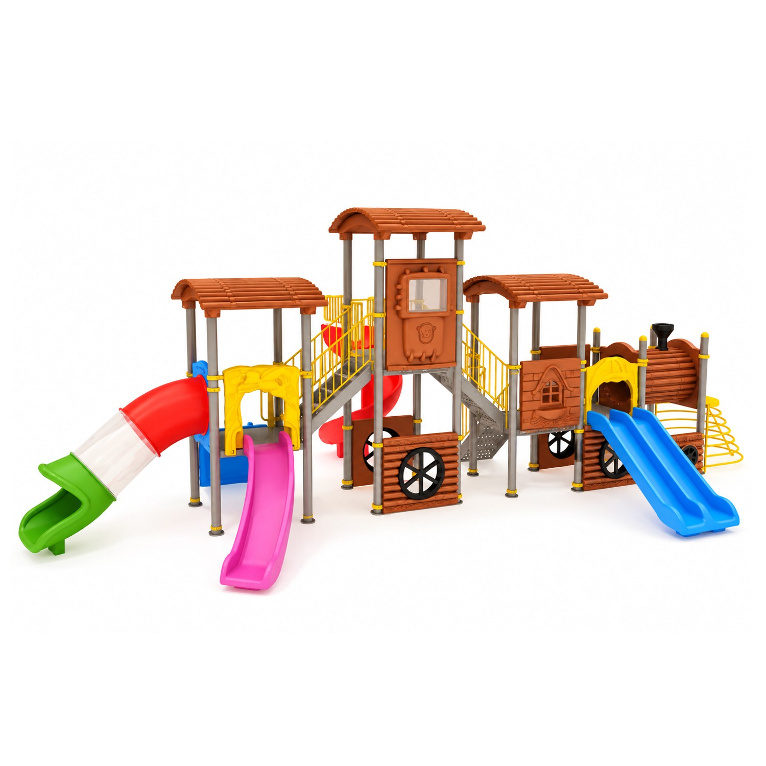 Tren Temalı Çocuk Oyun Parkı TRN-04 – 4 Kuleli 4 Kaydıraklı Model