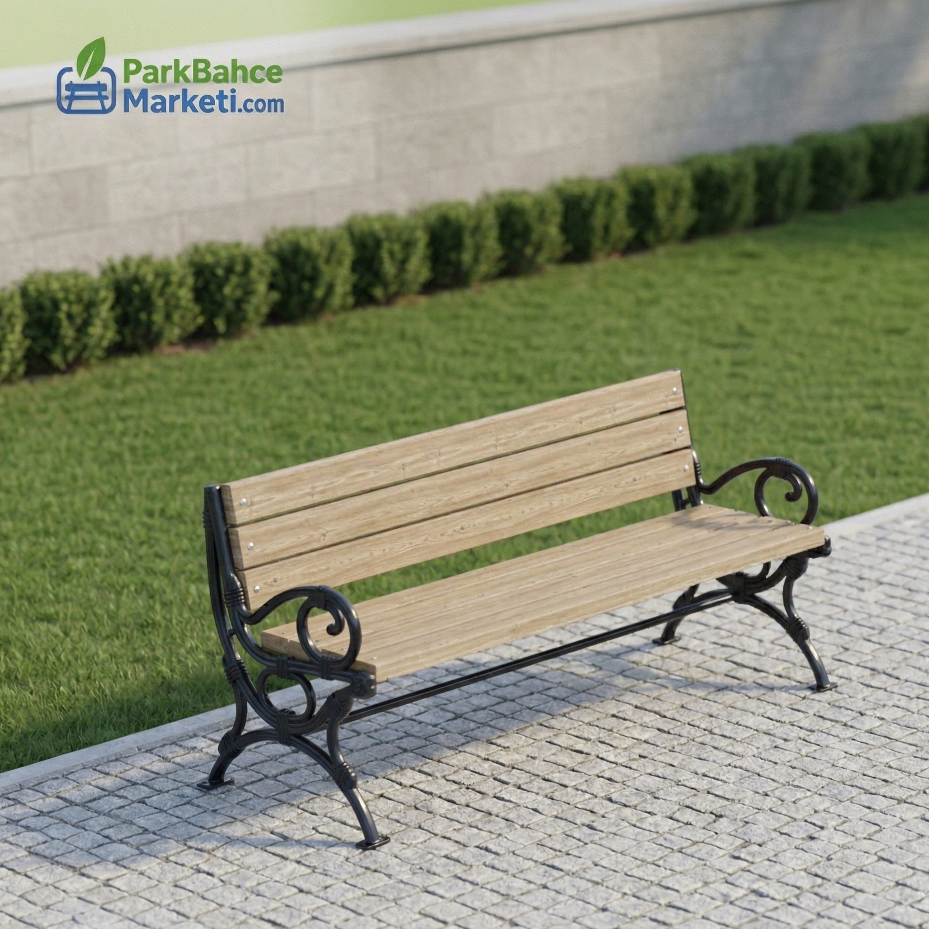 Wooden Park Bench with Long Wide Curved Cast Armrests