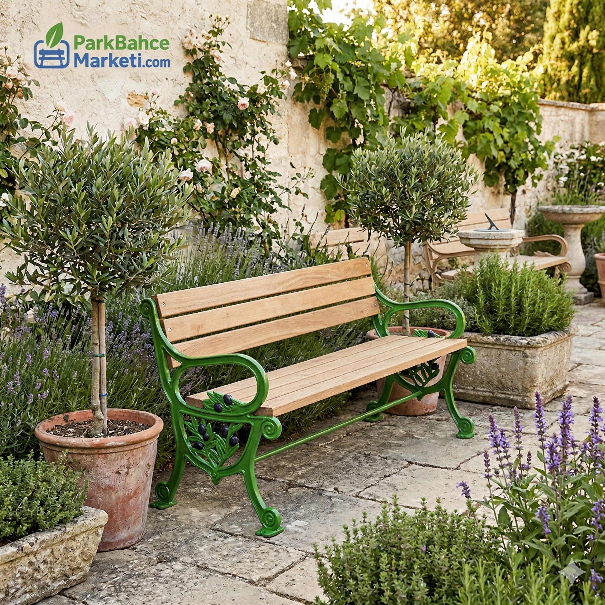 Green Cast Iron Motif Bench with Armrests - Wooden Outdoor Seating