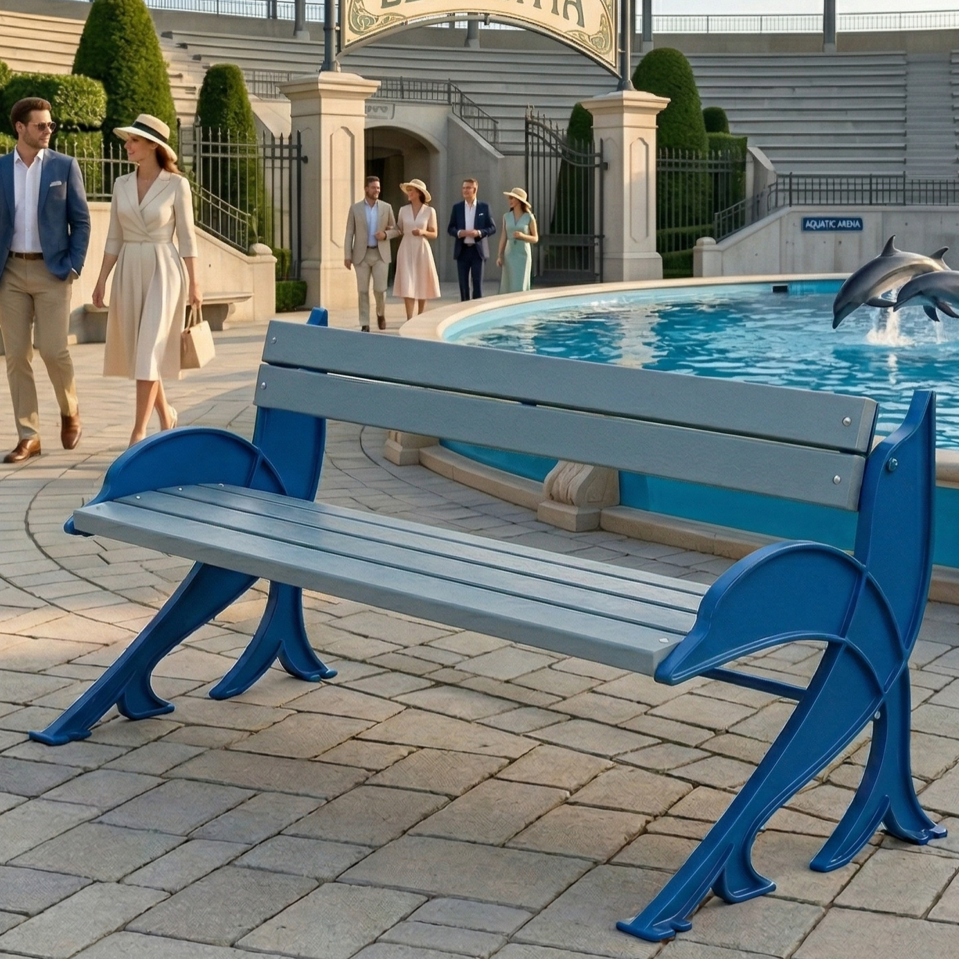Dolphin-Figured Indoor/Outdoor Seating Bench with Backrest