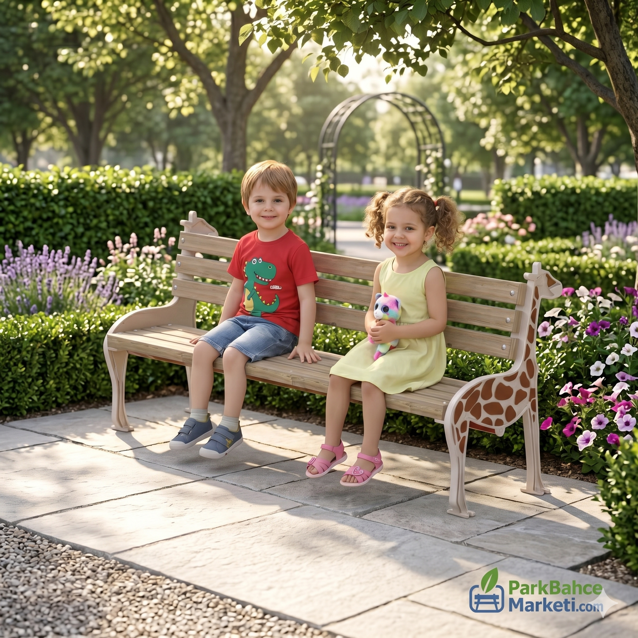 Giraffe-Figured Wooden Seating Bench with Backrest
