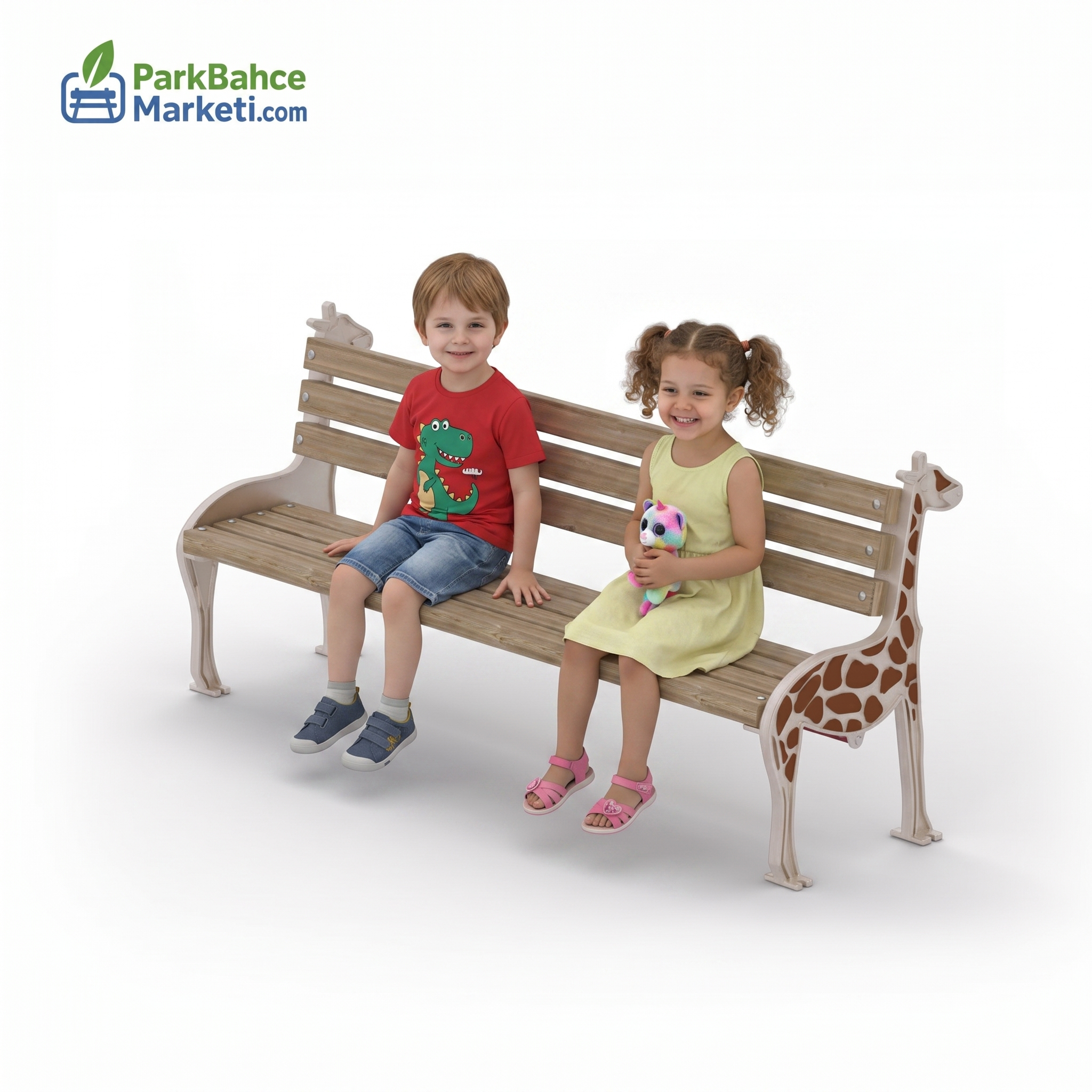 Giraffe-Figured Wooden Seating Bench with Backrest