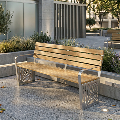 Wooden Seating Bench with Tree Branch Motif Chrome Sheet Legs