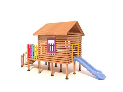 Ahşap Çocuk Oyun Evi – Kaydıraklı Oyun Evi (SG-26o) | Renkli Çitli Tasarım