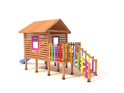 Ahşap Çocuk Oyun Evi – Kaydıraklı Oyun Evi (SG-26o) | Renkli Çitli Tasarım