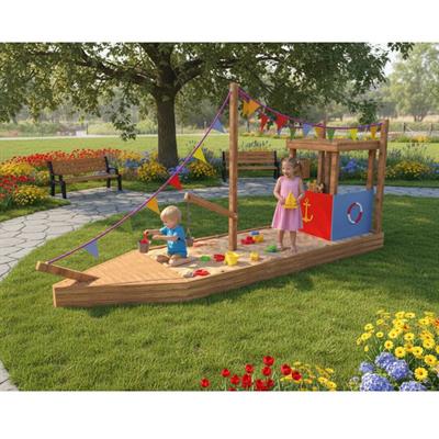 Ahşap Çocuk Kum Gemi Parkı SG28 – Renkli Bayraklı Oyun Alanı