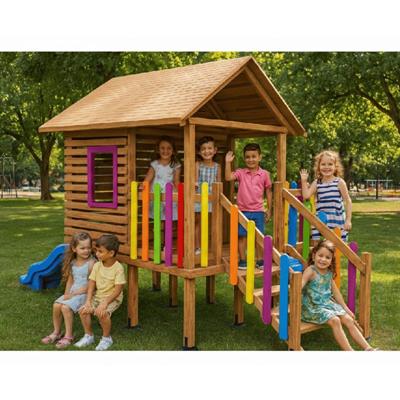 Ahşap Çocuk Oyun Evi – Kaydıraklı Oyun Evi (SG-26o) | Renkli Çitli Tasarım