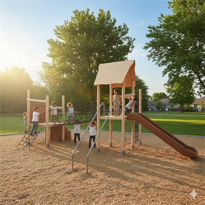 Ahşap Çocuk Oyun Parkı 6x4m, Halat Köprülü Model