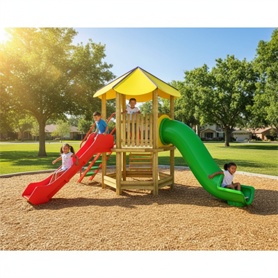 Ahşap Çocuk Oyun Parkı SG03, Bir Kuleli İki Kaydıraklı Model