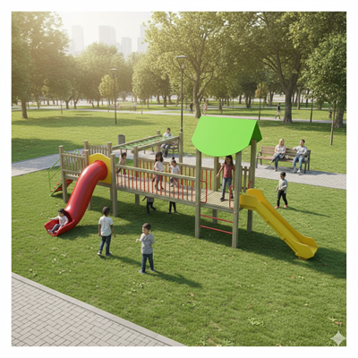 Ahşap Çocuk Oyun Parkı SG07, İki Kaydıraklı Model