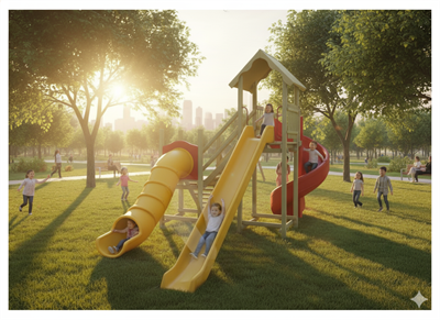 Ahşap Çocuk Oyun Parkı SGT104, 3 Kaydıraklı TOKİ Modeli