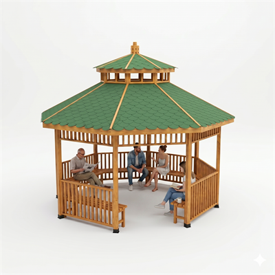 Octagonal Wooden Pavilion with Double Roof and Seating | 400x400 cm