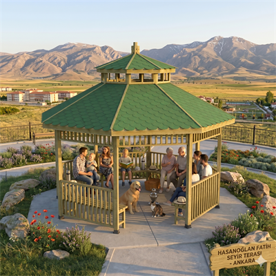 Octagonal Wooden Pavilion with Double Roof and Seating | 400x400 cm