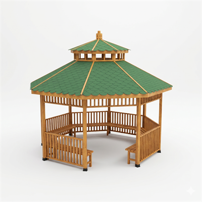 Octagonal Wooden Pavilion with Double Roof and Seating | 400x400 cm