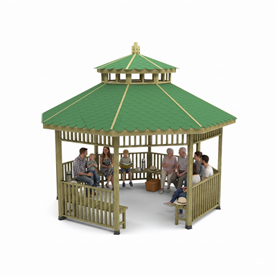 Octagonal Wooden Pavilion with Double Roof and Seating | 400x400 cm