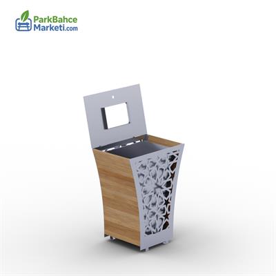 Ahşap Panelli Lazer İşlemeli İç Mekan / Dış Mekan Çöp Kovası (Açık Gri İroko)