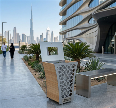 Ahşap Panelli Lazer İşlemeli İç Mekan / Dış Mekan Çöp Kovası (Açık Gri İroko)