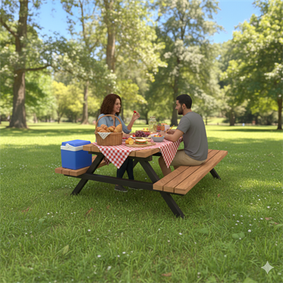 Wooden Picnic Table with Metal Frame, 145 cm