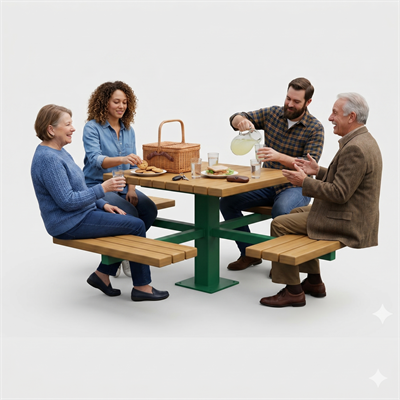 Wooden Picnic Table, Profile Leg – 4-Sided Seating Bench