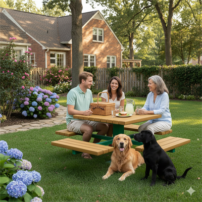 Wooden Picnic Table, Profile Leg – 4-Sided Seating Bench