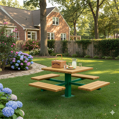 Wooden Picnic Table, Profile Leg – 4-Sided Seating Bench