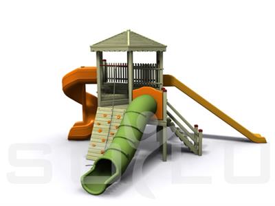Ahşap Çocuk Parkı SGT105, Bir Kuleli 3 Kaydıraklı TOKİ Modeli