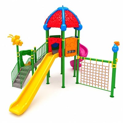 Çocuk Oyun Parkı 8x7.5m, Yaprak Çatılı Üç Kaydıraklı Model