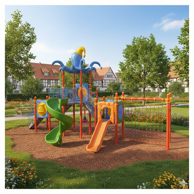 Çocuk Oyun Parkı 9.5x6.5m, Ahtapot Çatılı Üç Kaydıraklı Model