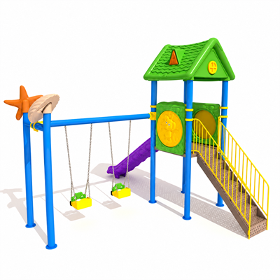 Çocuk Oyun Parkı - Tek Kaydıraklı 2li Salıncaklı Ev Çatılı Model