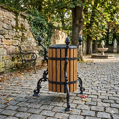 Dekoratif Alüminyum Döküm Ayaklı Ahşap Kent Çöp Kovası