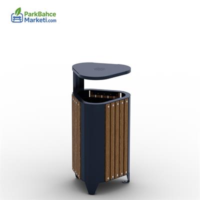 Dikey Ahşap Panelli Şapkalı Dış Mekan Çöp Kovası