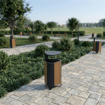 Dikey Ahşap Panelli Şapkalı Dış Mekan Çöp Kovası