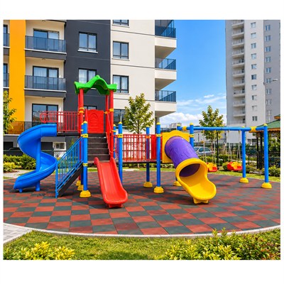 Dış Mekan Çocuk Oyun Parkı 9.5x5.5m, Üç Kaydıraklı Klasik Model