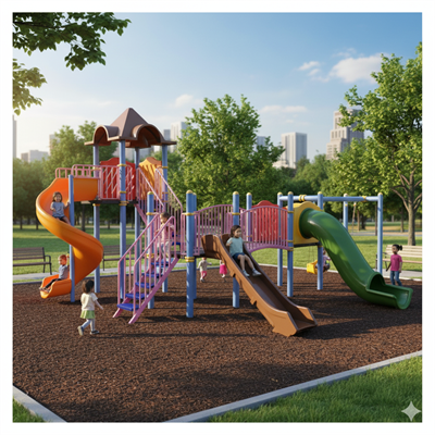 Dış Mekan Çocuk Oyun Parkı 9.5x5.5m, Üç Kaydıraklı Klasik Model