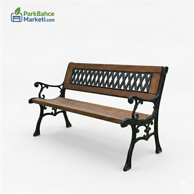 Wooden Seating Bench with Decorative Lattice Backrest