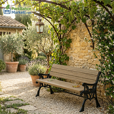 Wooden Park Bench with Pinecone Pattern Cast Legs and Armrests