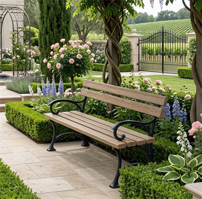 Wooden Park Bench with Cast Legs – Elegant Curved & Armrest Design