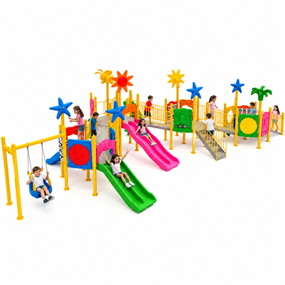 Inclusive Outdoor Playground with Four Towers and Five Slides – 17 x 8 m
