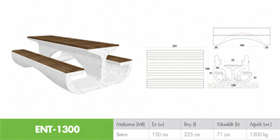ENT-1300 Ahşap Oturaklı Beton Piknik Masası