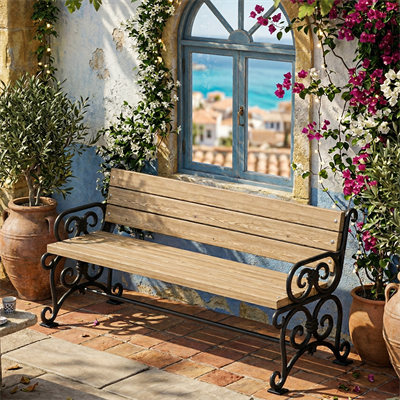 Wrought Iron-Look Wooden Park Bench with Cast Aluminum Legs