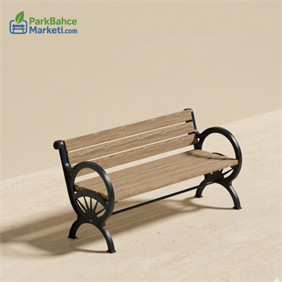 Wooden Seating Bench with Sun Motif Cast Legs and Armrests