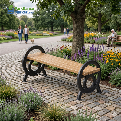 Backless Wooden Bench with Circular Geometric Cast Legs