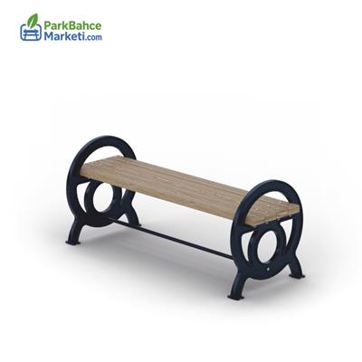 Backless Wooden Bench with Circular Geometric Cast Legs