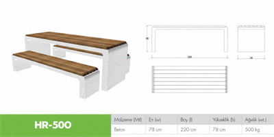 HR-500 Ahşap Oturaklı Beton Piknik Masası