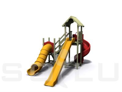 Ahşap Çocuk Oyun Parkı SGT104, 3 Kaydıraklı TOKİ Modeli