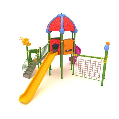 Çocuk Oyun Parkı 8x7.5m, Yaprak Çatılı Üç Kaydıraklı Model