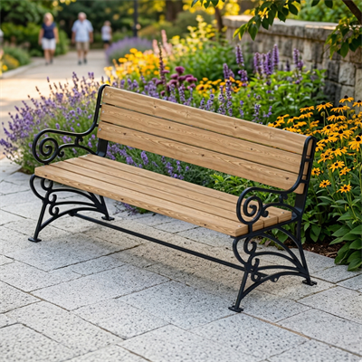 Wooden Seating Bench with Curved Wrought Iron Design