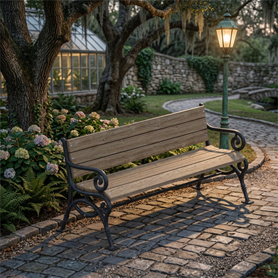 Wooden Seating Bench with Curved Armrests and Cast Aluminum Legs