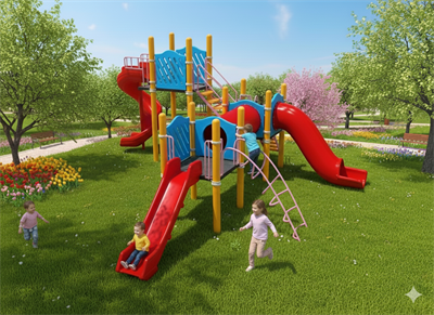 Metal Çocuk Oyun Parkı 7,5x7,5m, Üç Kaydıraklı Salıncaksız Model